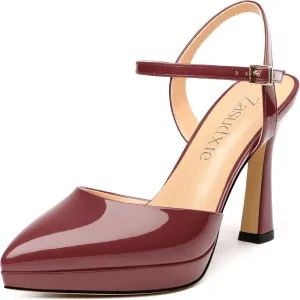 Women's Platform Stiletto Pumps Patent Pointed Toe High Heels Ankle Strap Sandals Wedding Party Dress Shoes 4 Inch