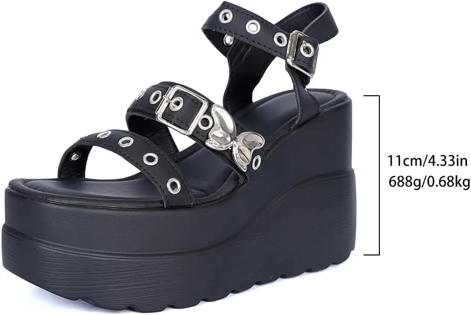 Womens Platform Wedge Rivet Fish Mouth Sandals with Waterproof Ankle Strap Summer Roman Vintage Cutout Peep Toe Leather Studded High Heels Y2K Sandals