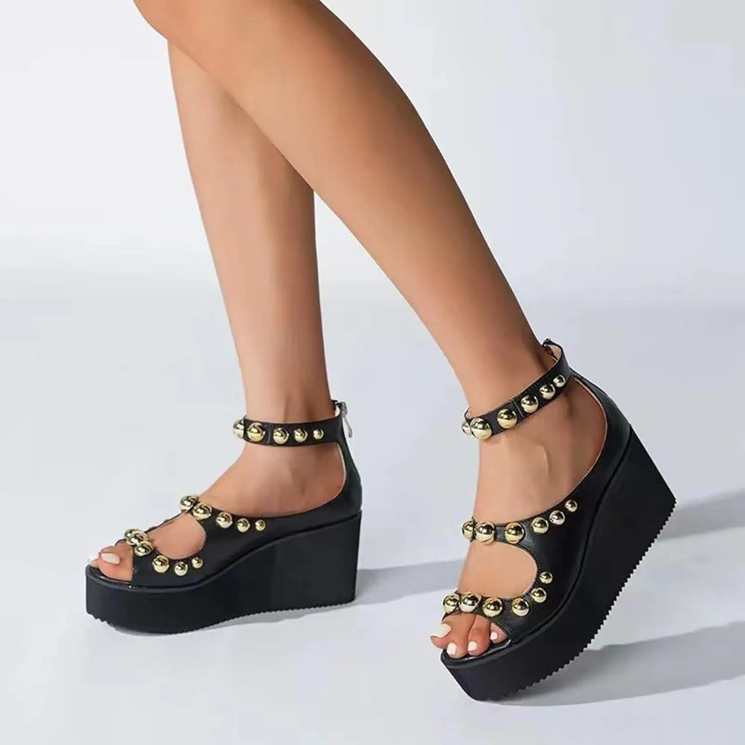Womens Platform Wedge Rivet Fish Mouth Sandals with Waterproof Ankle Strap Summer Roman Vintage Cutout Peep Toe Leather Studded High Heels Y2K Sandals