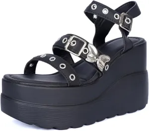 Womens Platform Wedge Rivet Fish Mouth Sandals with Waterproof Ankle Strap Summer Roman Vintage Cutout Peep Toe Leather Studded High Heels Y2K Sandals