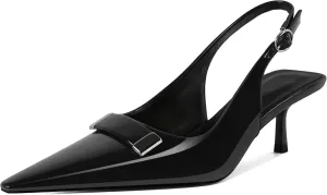 Women's Pointed Toe Slingback Heels Metal Buckle Ankle Strap Kitten Low Heel Pumps 2 Inch Stylish Retro Women Shoes