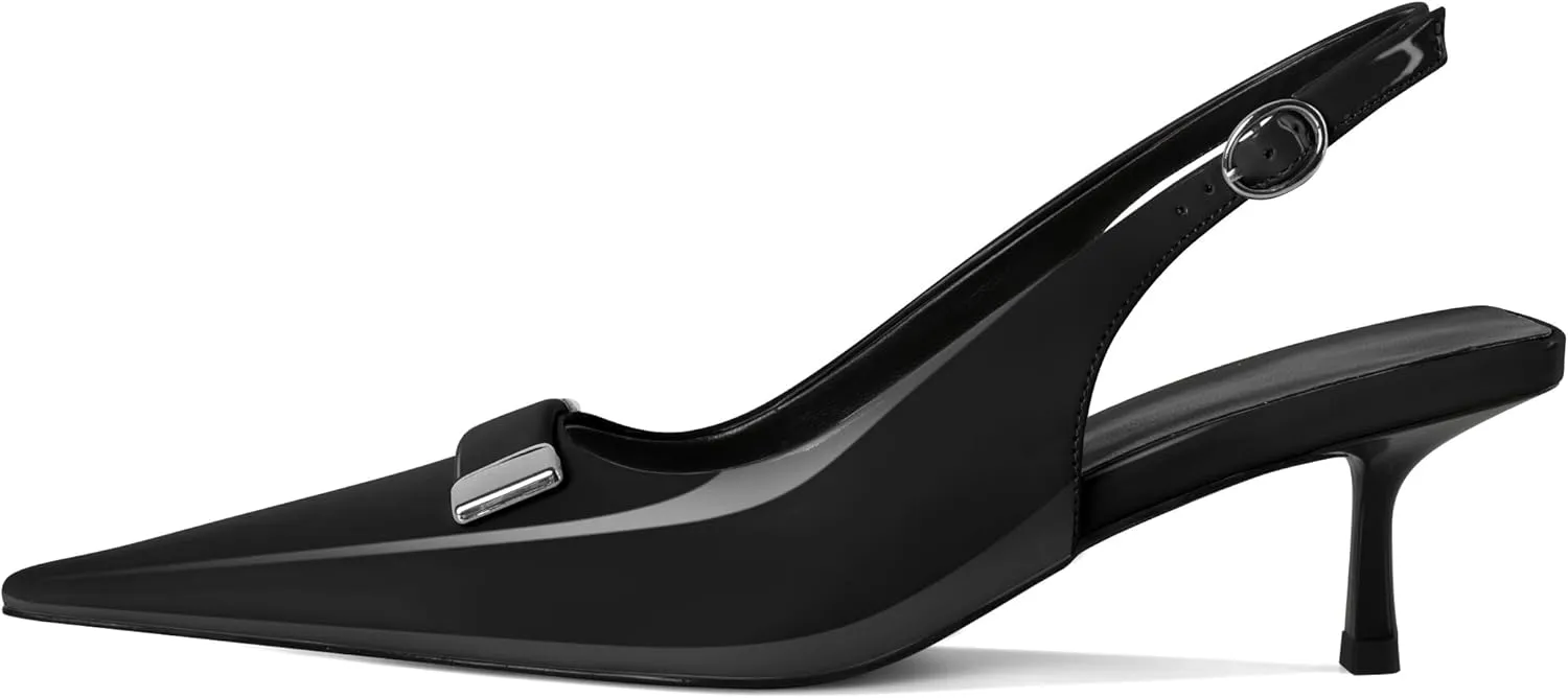 Women's Pointed Toe Slingback Heels Metal Buckle Ankle Strap Kitten Low Heel Pumps 2 Inch Stylish Retro Women Shoes