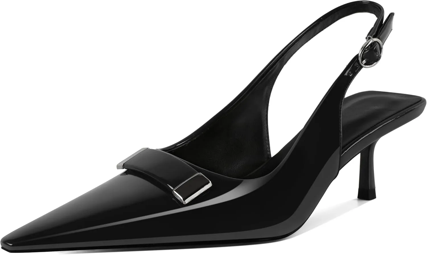 Women's Pointed Toe Slingback Heels Metal Buckle Ankle Strap Kitten Low Heel Pumps 2 Inch Stylish Retro Women Shoes