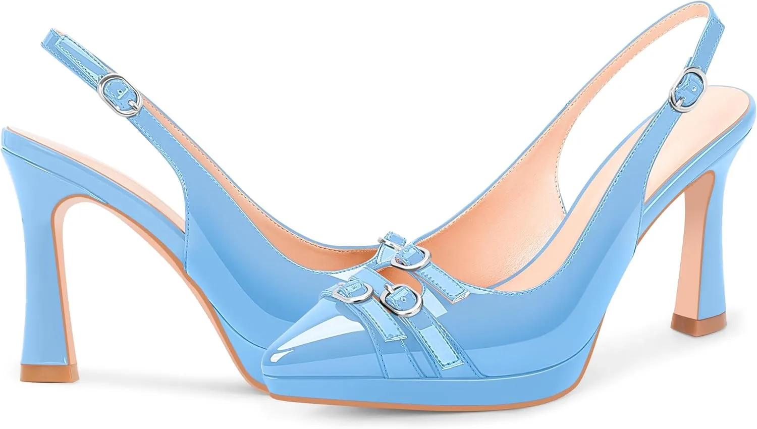 Women's Pointed Toe Slingback Platform High Heel Pumps Slip On 3.94 Inch Buckle Strap Adjustable Patent Leather US Size 6-12