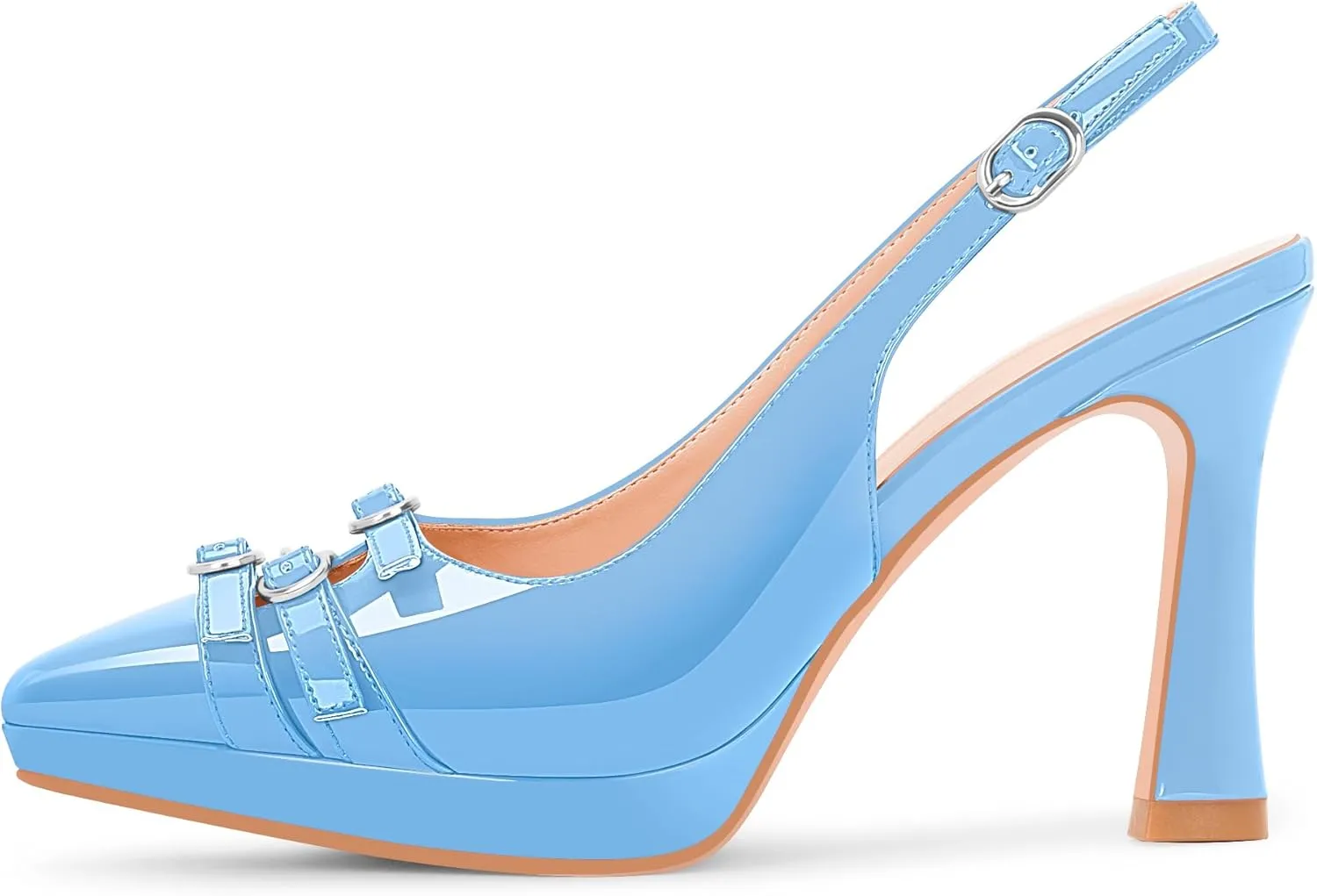 Women's Pointed Toe Slingback Platform High Heel Pumps Slip On 3.94 Inch Buckle Strap Adjustable Patent Leather US Size 6-12