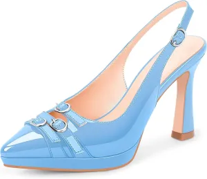 Women's Pointed Toe Slingback Platform High Heel Pumps Slip On 3.94 Inch Buckle Strap Adjustable Patent Leather US Size 6-12