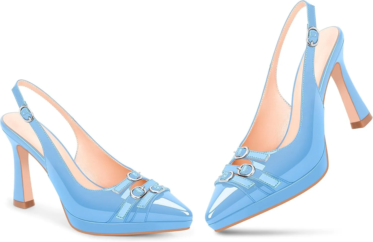 Women's Pointed Toe Slingback Platform High Heel Pumps Slip On 3.94 Inch Buckle Strap Adjustable Patent Leather US Size 6-12