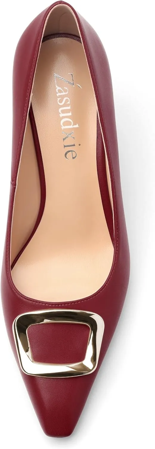 Women's Pumps Pointed Toe Mid Stiletto Heels Rectangular Metal Buckle Pumps Dress Party Shoes