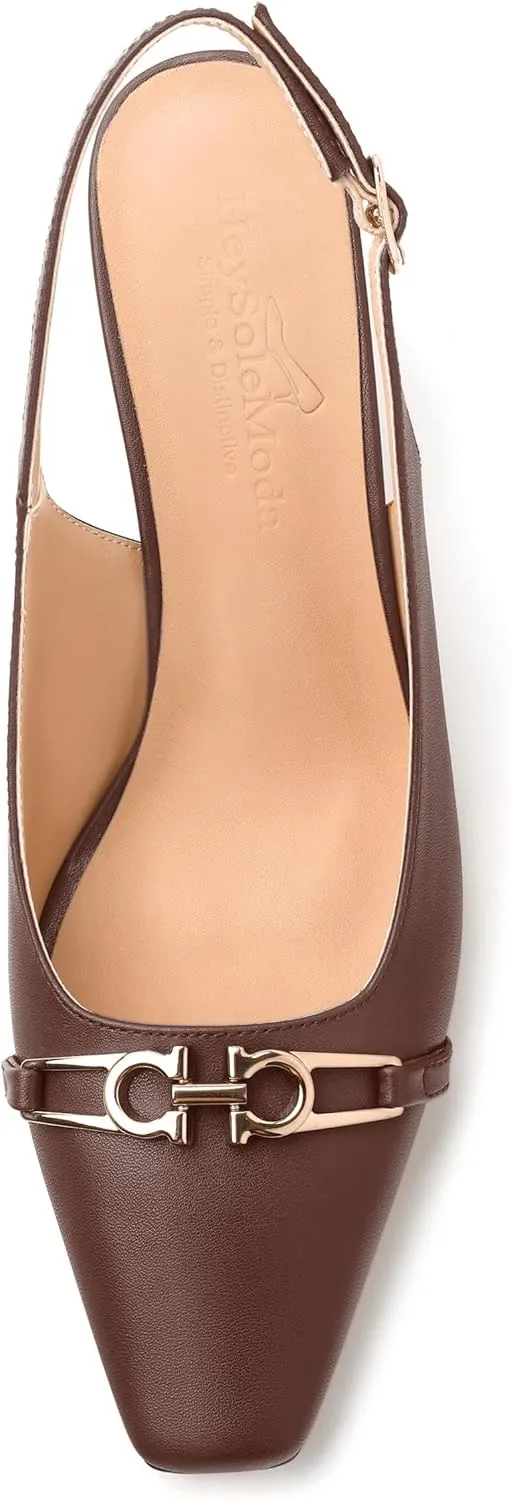 Womens Pumps, Small Square Toe Mid Small Block Heel Slingback Pumps for Women, Leather Insole Dress Pumps with Metal Buckle for Working 2.5"
