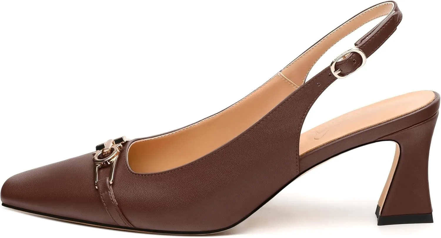 Womens Pumps, Small Square Toe Mid Small Block Heel Slingback Pumps for Women, Leather Insole Dress Pumps with Metal Buckle for Working 2.5"