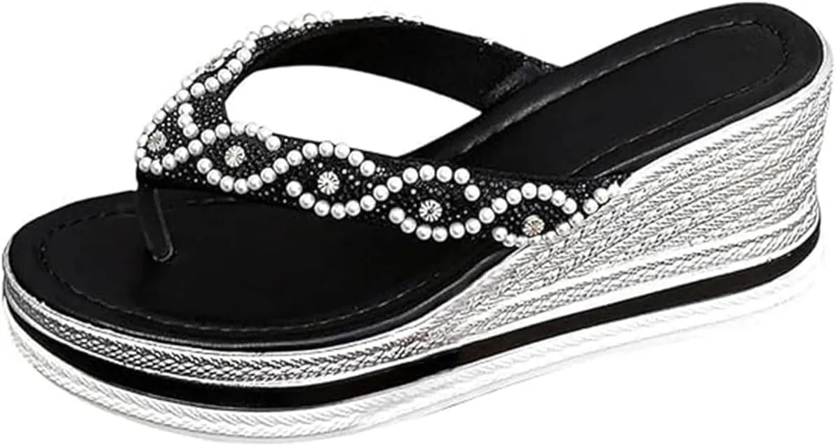Women's Rhinestone Lightweight Comfortable Non-Slip Wedge Sandals Summer Casual Slip on Arch Support Slides 2025 Comfy Platform Boho Orthopedic Flip Flops with Arch Support