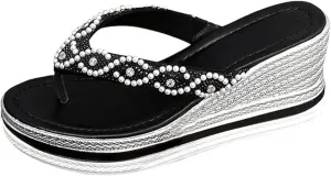 Women's Rhinestone Lightweight Comfortable Non-Slip Wedge Sandals Summer Casual Slip on Arch Support Slides 2025 Comfy Platform Boho Orthopedic Flip Flops with Arch Support