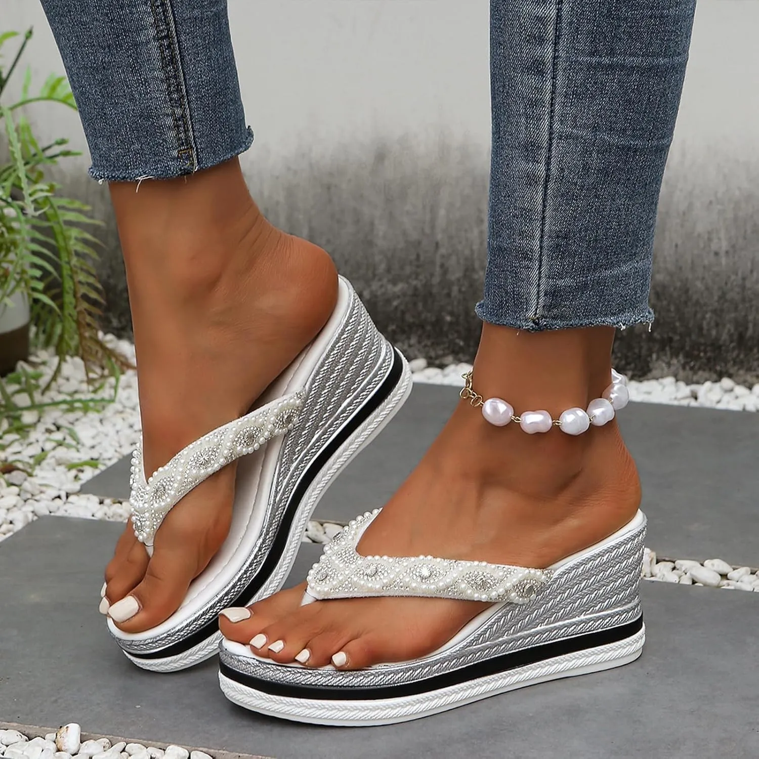 Women's Rhinestone Lightweight Comfortable Non-Slip Wedge Sandals Summer Casual Slip on Arch Support Slides 2025 Comfy Platform Boho Orthopedic Flip Flops with Arch Support