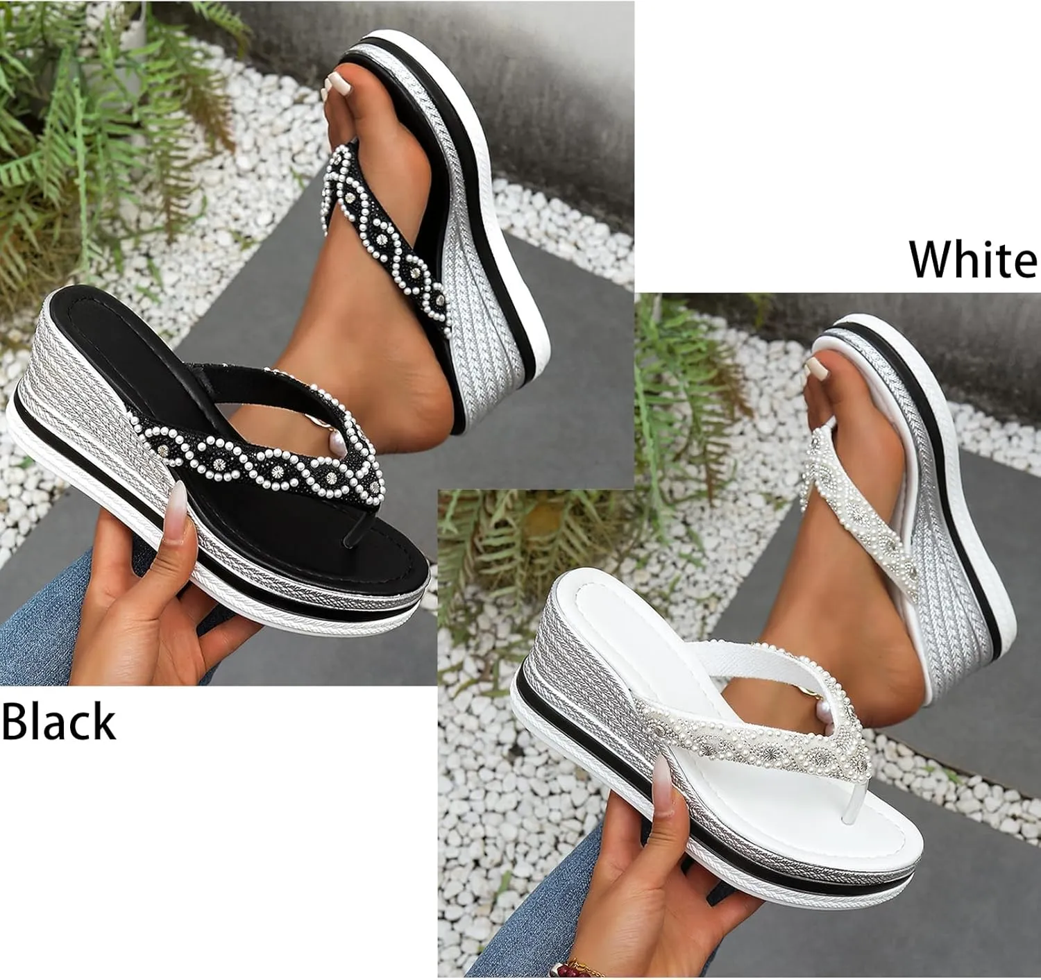 Women's Rhinestone Lightweight Comfortable Non-Slip Wedge Sandals Summer Casual Slip on Arch Support Slides 2025 Comfy Platform Boho Orthopedic Flip Flops with Arch Support