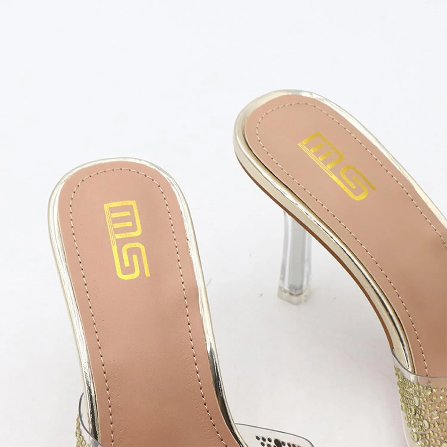 Women's Rhinestone Stiletto Sandals Elegant Square Open Toe Backless Slip-On High Heel Dress Sides Shoes with Clear Rhinestone Design for Evening Party and Wedding Events