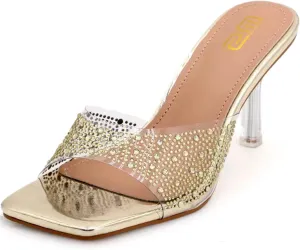 Women's Rhinestone Stiletto Sandals Elegant Square Open Toe Backless Slip-On High Heel Dress Sides Shoes with Clear Rhinestone Design for Evening Party and Wedding Events