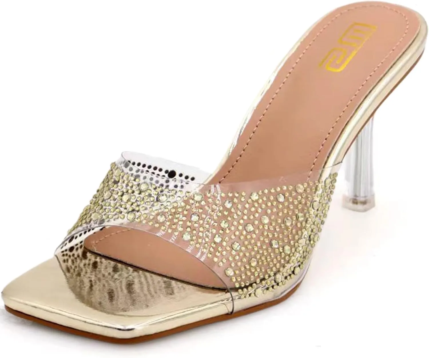 Women's Rhinestone Stiletto Sandals Elegant Square Open Toe Backless Slip-On High Heel Dress Sides Shoes with Clear Rhinestone Design for Evening Party and Wedding Events