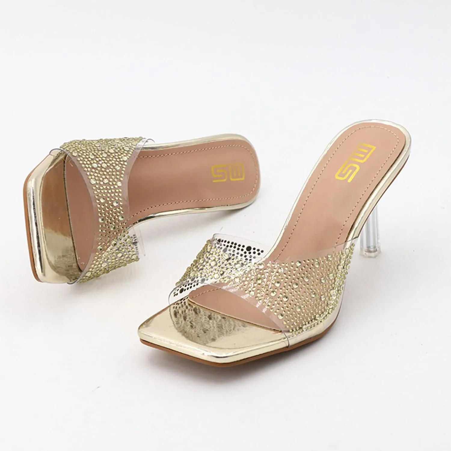Women's Rhinestone Stiletto Sandals Elegant Square Open Toe Backless Slip-On High Heel Dress Sides Shoes with Clear Rhinestone Design for Evening Party and Wedding Events