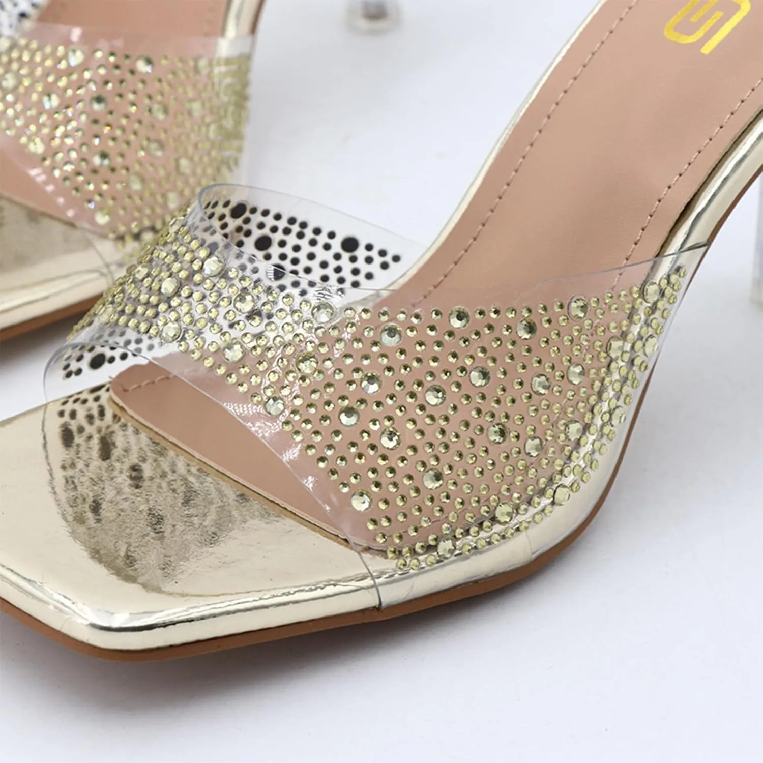 Women's Rhinestone Stiletto Sandals Elegant Square Open Toe Backless Slip-On High Heel Dress Sides Shoes with Clear Rhinestone Design for Evening Party and Wedding Events