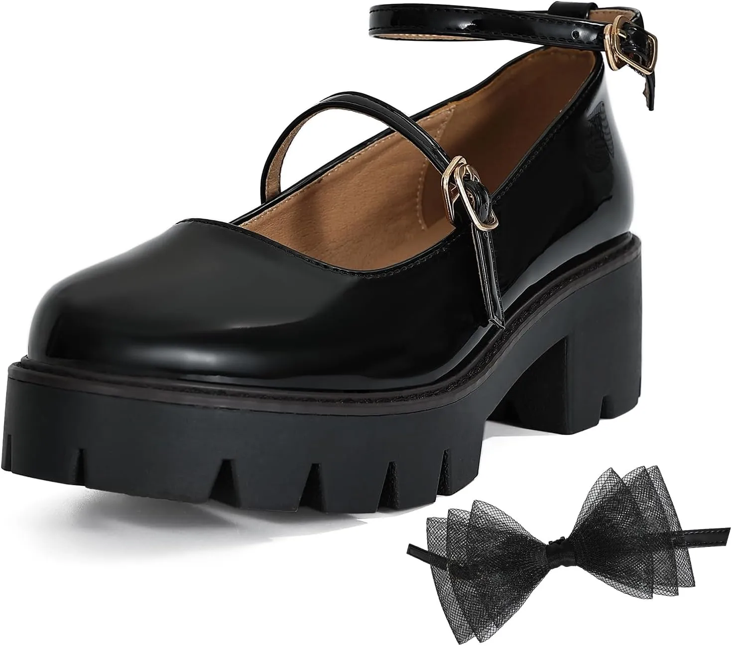 Women's Round Toe Ankle Strap Mary Janes Platform Low Heel Chunky Pumps Oxford Dress Shoes