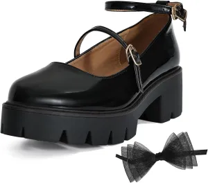 Women's Round Toe Ankle Strap Mary Janes Platform Low Heel Chunky Pumps Oxford Dress Shoes