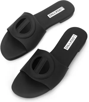 Womens Sandals Dressy Summer Flat Sandals 2025 Open Toe Slippers Slip On Slides with Semicircle Cutouts