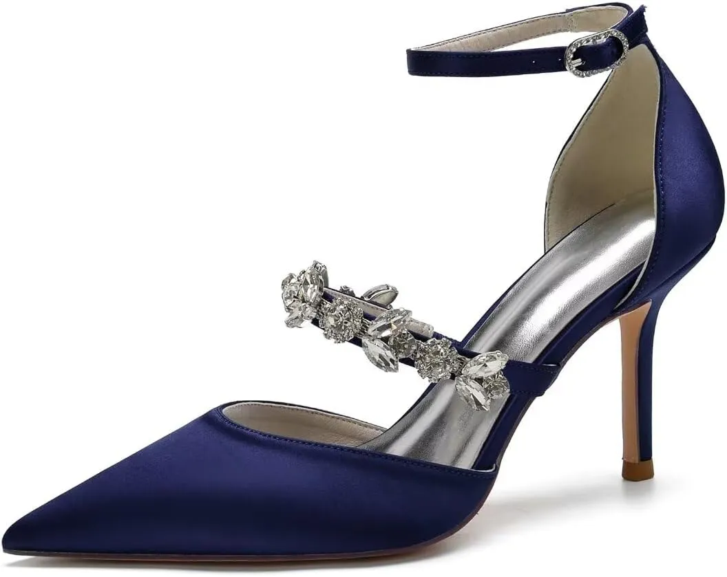 Women's Satin Bridal Heels - Rhinestone Ankle Strap Wedding Pumps, Pointed Toe High Heel Shoes for Bride & Prom, Elegant Cocktail Party & Ceremony Dress Shoes