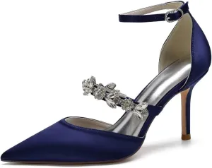 Women's Satin Bridal Heels - Rhinestone Ankle Strap Wedding Pumps, Pointed Toe High Heel Shoes for Bride & Prom, Elegant Cocktail Party & Ceremony Dress Shoes