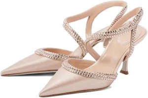 Women's Slingback High Heel Velvet Pumps Rhinestone Pointed Toe Strappy Sandals Kitten Heel Crystal Black Wedding Party Dress Shoes for Women