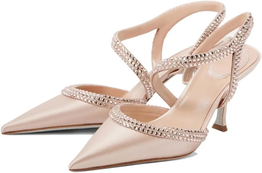 Women's Slingback High Heel Velvet Pumps Rhinestone Pointed Toe Strappy Sandals Kitten Heel Crystal Black Wedding Party Dress Shoes for Women