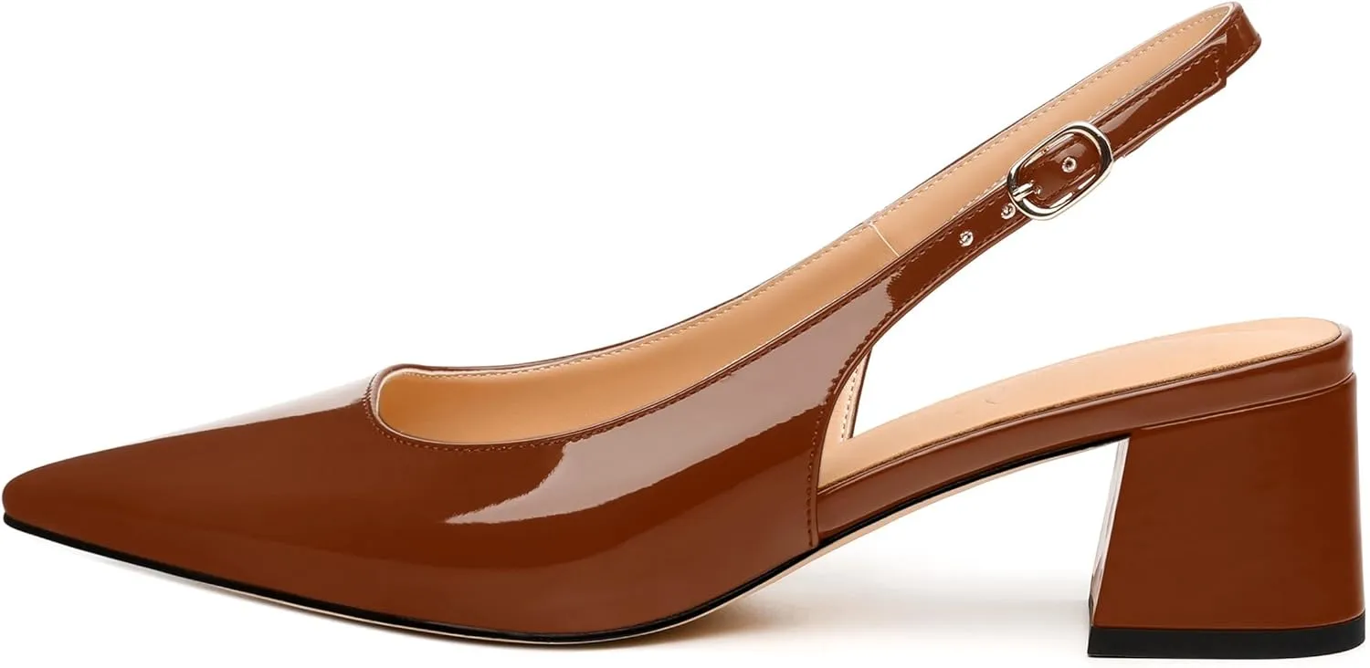 Womens Slingbacks, Pointed Toe Mid Block Heel Slingback Pumps for Women, Leather Insole Comfort Pumps 2"