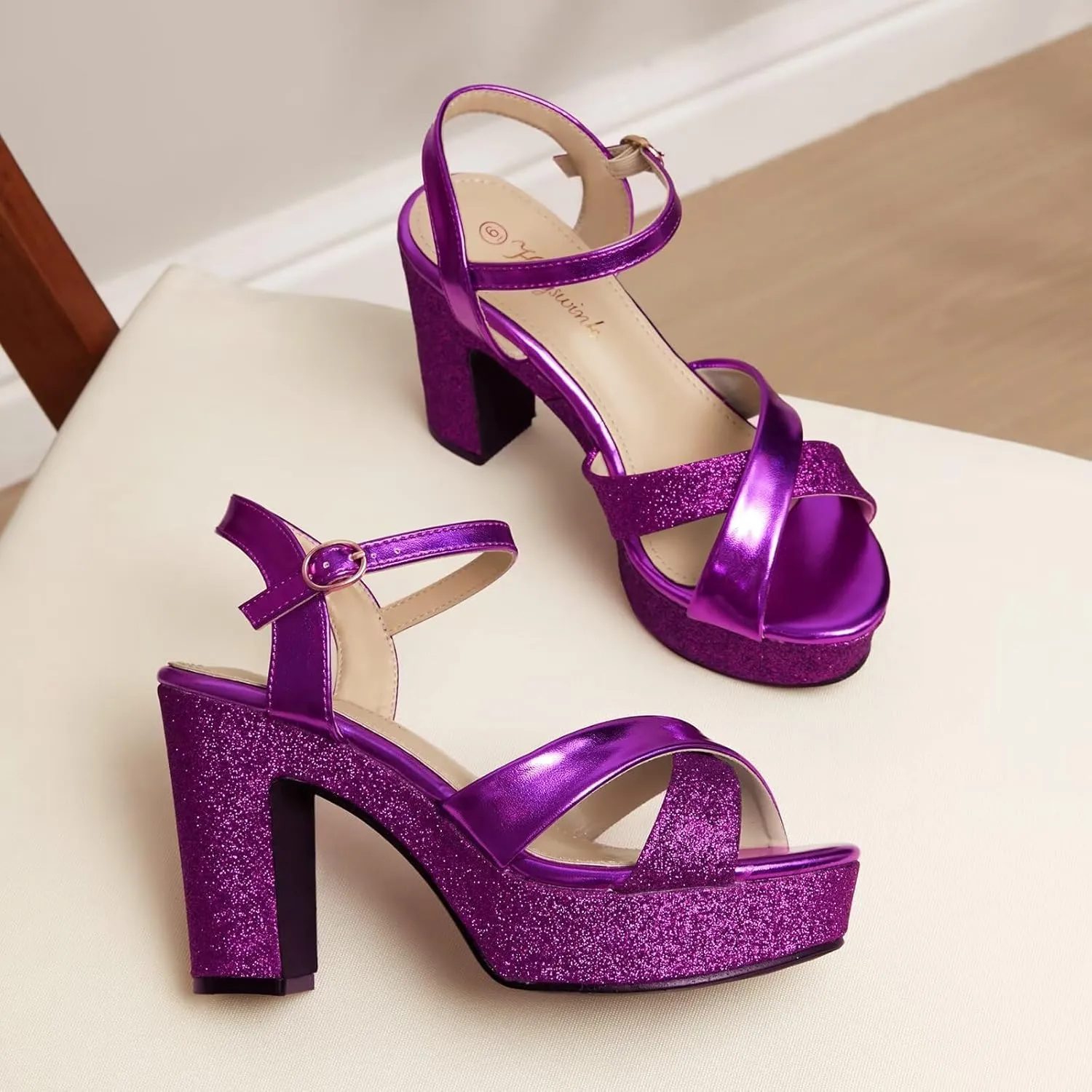 Womens Sparkly Platform Dress Sandals for Women Chunky Block Heel 3.8 Inch High Heels Open Toe with Strap for Women Comfortable Sexy Dressy Prom Wedding Party Evening Shoes