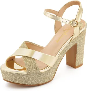 Womens Sparkly Platform Dress Sandals for Women Chunky Block Heel 3.8 Inch High Heels Open Toe with Strap for Women Comfortable Sexy Dressy Prom Wedding Party Evening Shoes