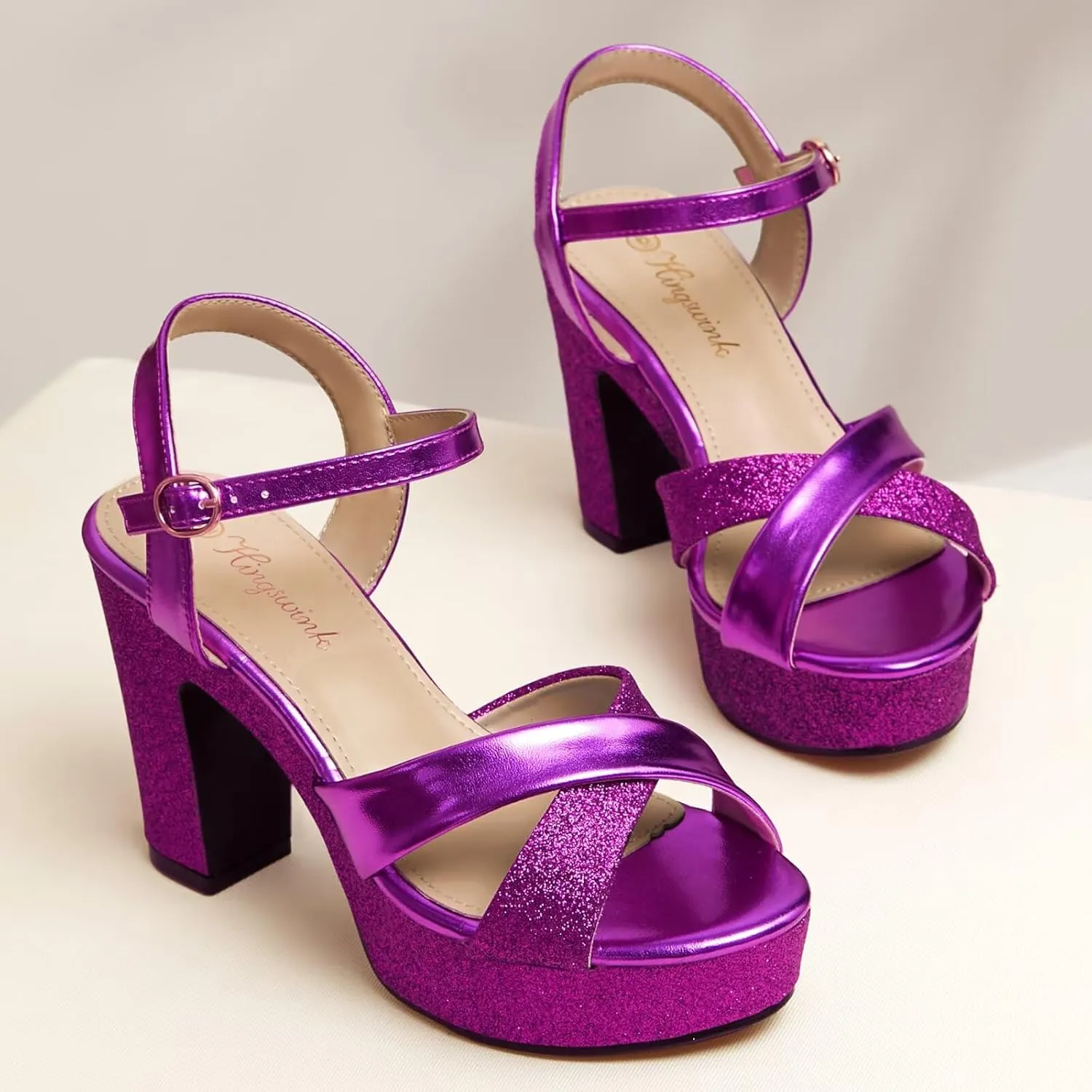 Womens Sparkly Platform Dress Sandals for Women Chunky Block Heel 3.8 Inch High Heels Open Toe with Strap for Women Comfortable Sexy Dressy Prom Wedding Party Evening Shoes