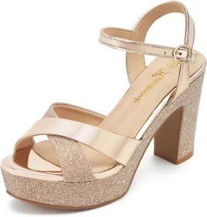 Womens Sparkly Platform Dress Sandals for Women Chunky Block Heel 3.8 Inch High Heels Open Toe with Strap for Women Comfortable Sexy Dressy Prom Wedding Party Evening Shoes