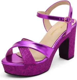 Womens Sparkly Platform Dress Sandals for Women Chunky Block Heel 3.8 Inch High Heels Open Toe with Strap for Women Comfortable Sexy Dressy Prom Wedding Party Evening Shoes