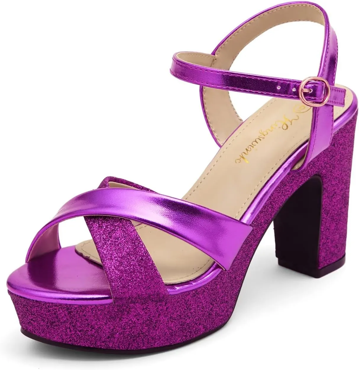 Womens Sparkly Platform Dress Sandals for Women Chunky Block Heel 3.8 Inch High Heels Open Toe with Strap for Women Comfortable Sexy Dressy Prom Wedding Party Evening Shoes