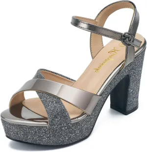 Womens Sparkly Platform Dress Sandals for Women Chunky Block Heel 3.8 Inch High Heels Open Toe with Strap for Women Comfortable Sexy Dressy Prom Wedding Party Evening Shoes