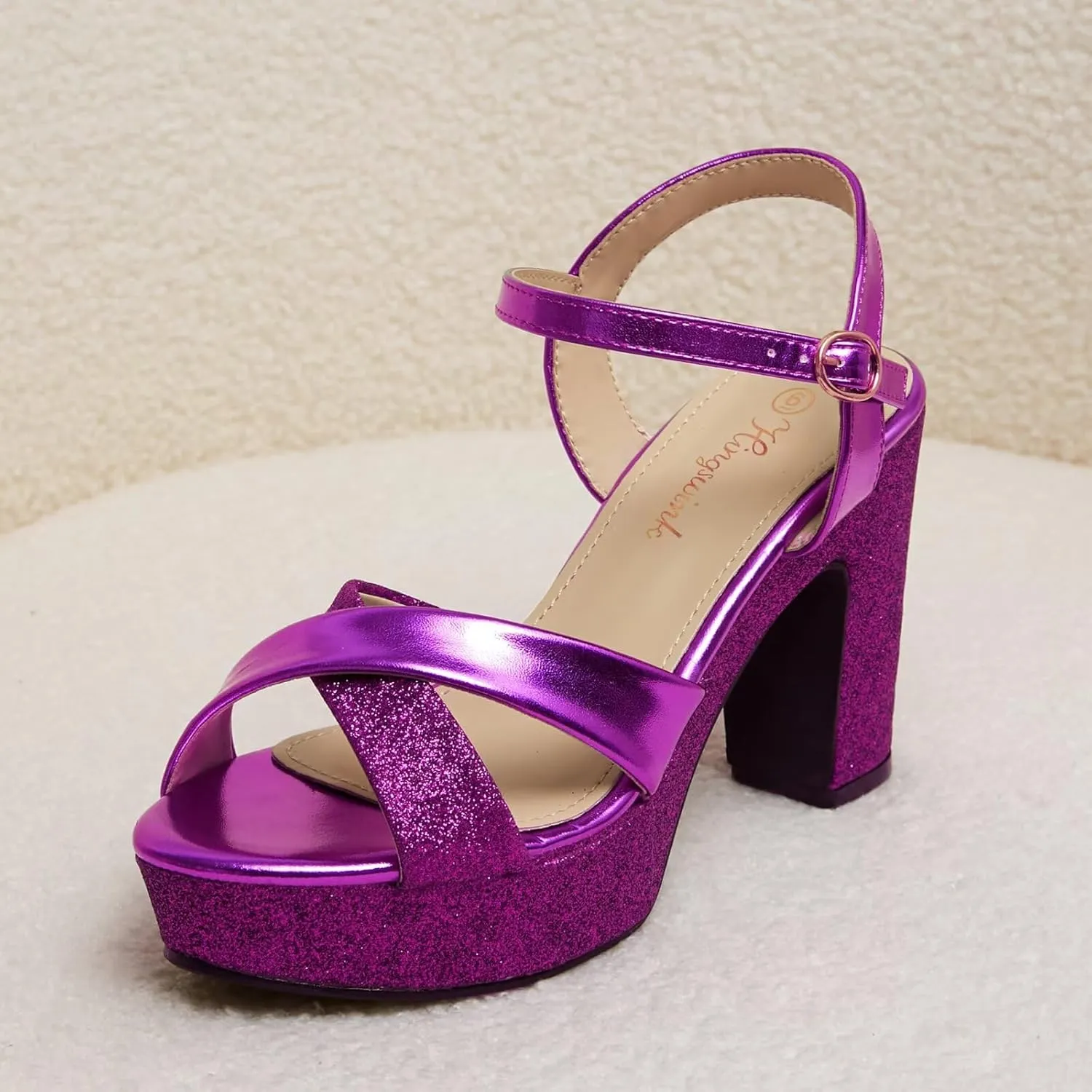Womens Sparkly Platform Dress Sandals for Women Chunky Block Heel 3.8 Inch High Heels Open Toe with Strap for Women Comfortable Sexy Dressy Prom Wedding Party Evening Shoes