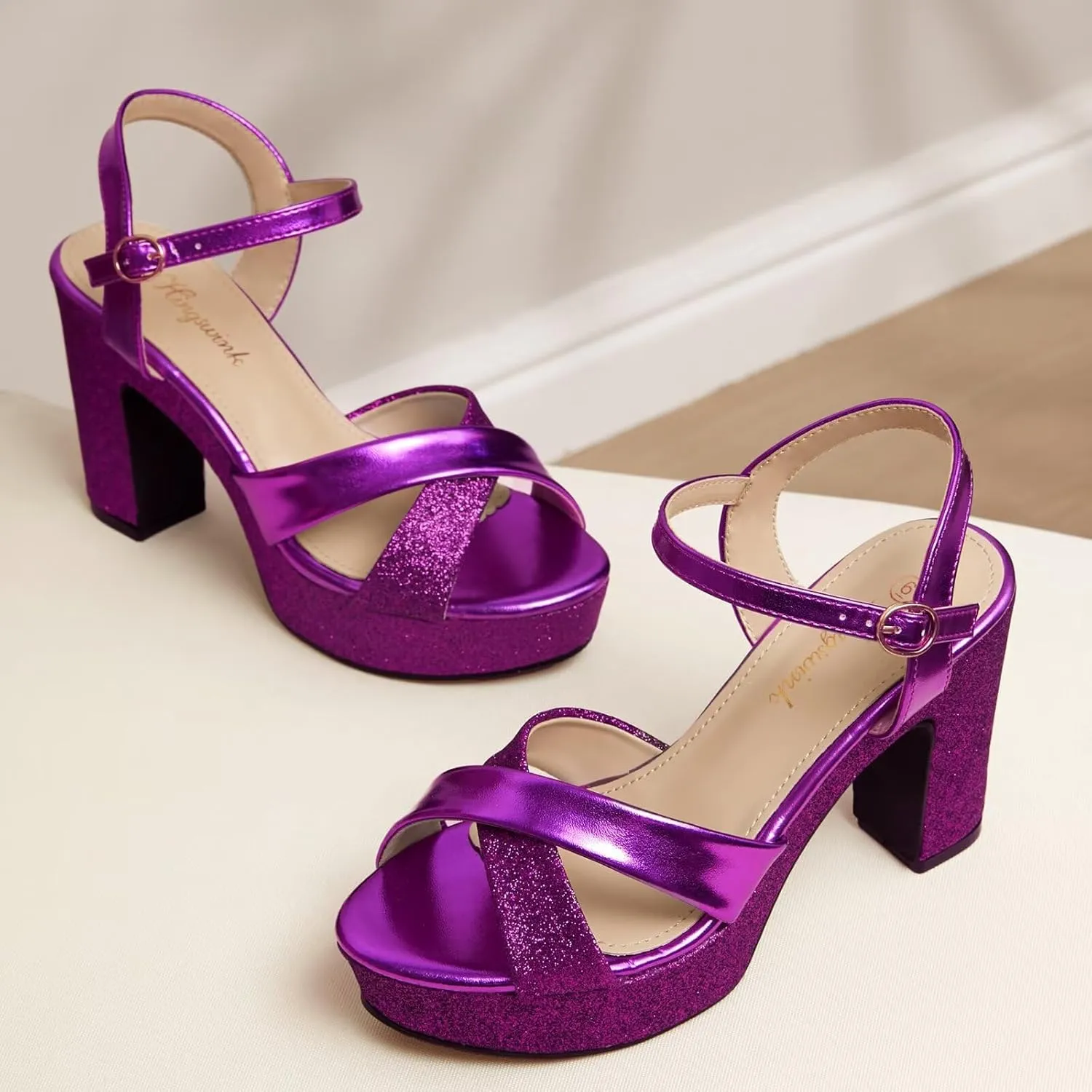 Womens Sparkly Platform Dress Sandals for Women Chunky Block Heel 3.8 Inch High Heels Open Toe with Strap for Women Comfortable Sexy Dressy Prom Wedding Party Evening Shoes