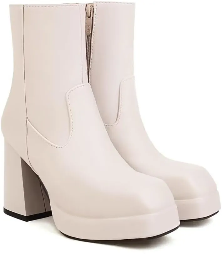 Women's Square Toe Ankle Boots, Chunky Heel Platform Booties, Side Zipper High Heel Go-Go Boots