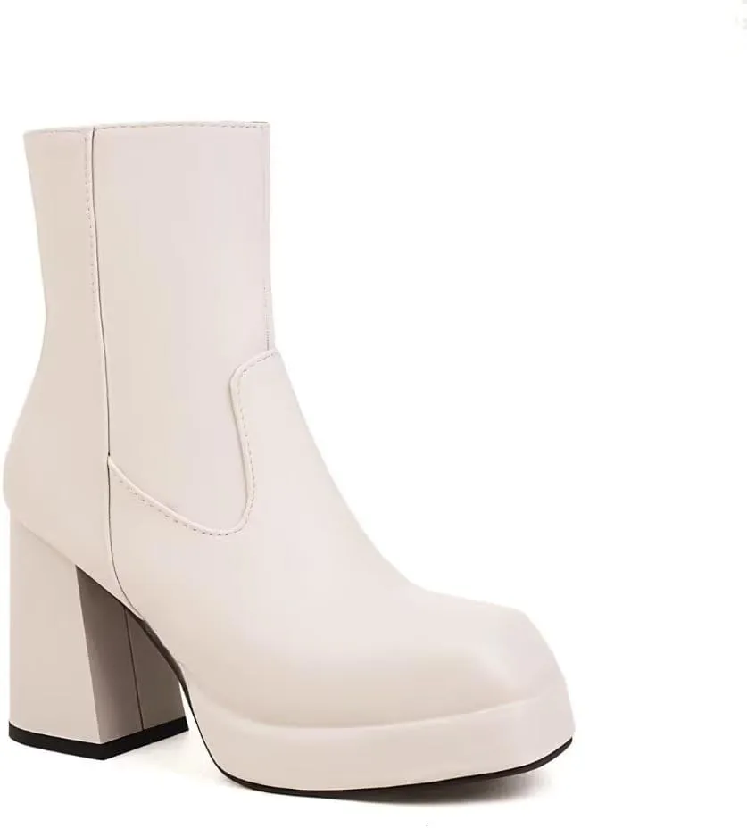 Women's Square Toe Ankle Boots, Chunky Heel Platform Booties, Side Zipper High Heel Go-Go Boots