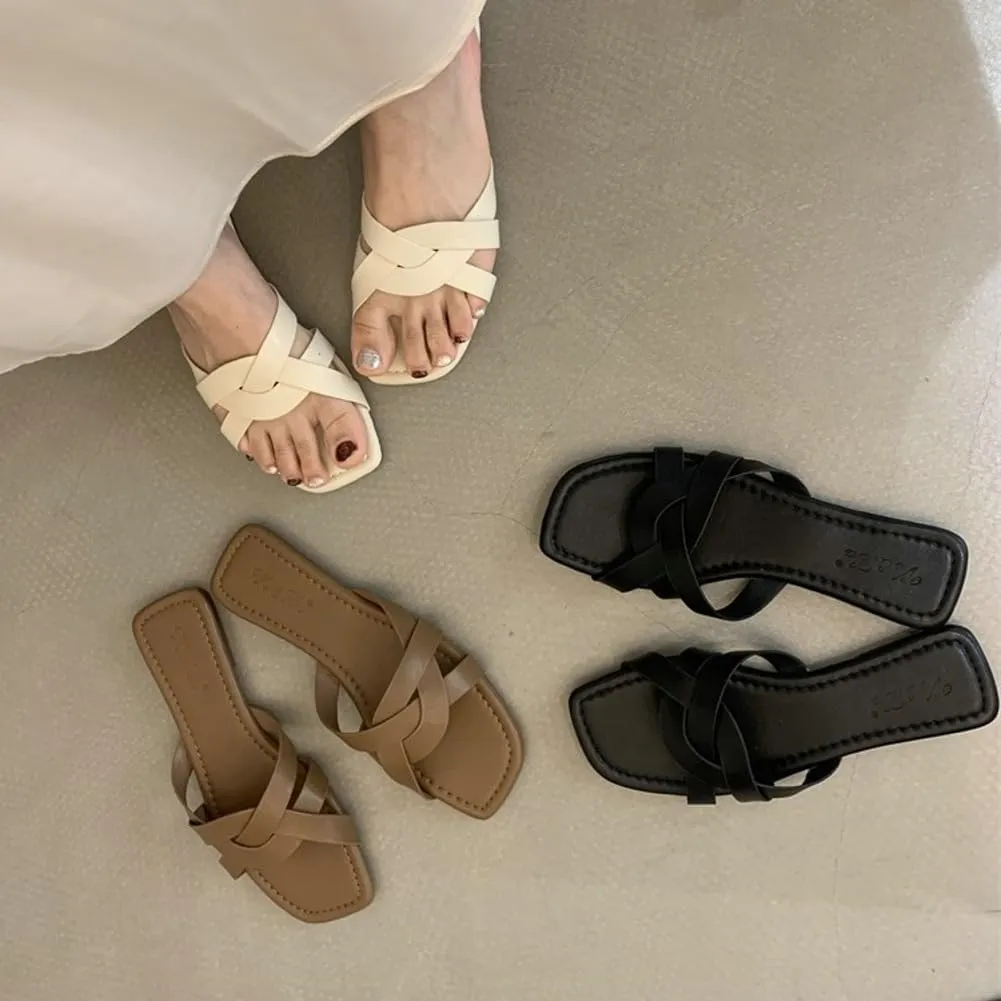 Women's Strap Flat Slide Sandals Summer Beach Home Dress Slides-sandals Roman-style Woven Slippers Flip-flop 2025