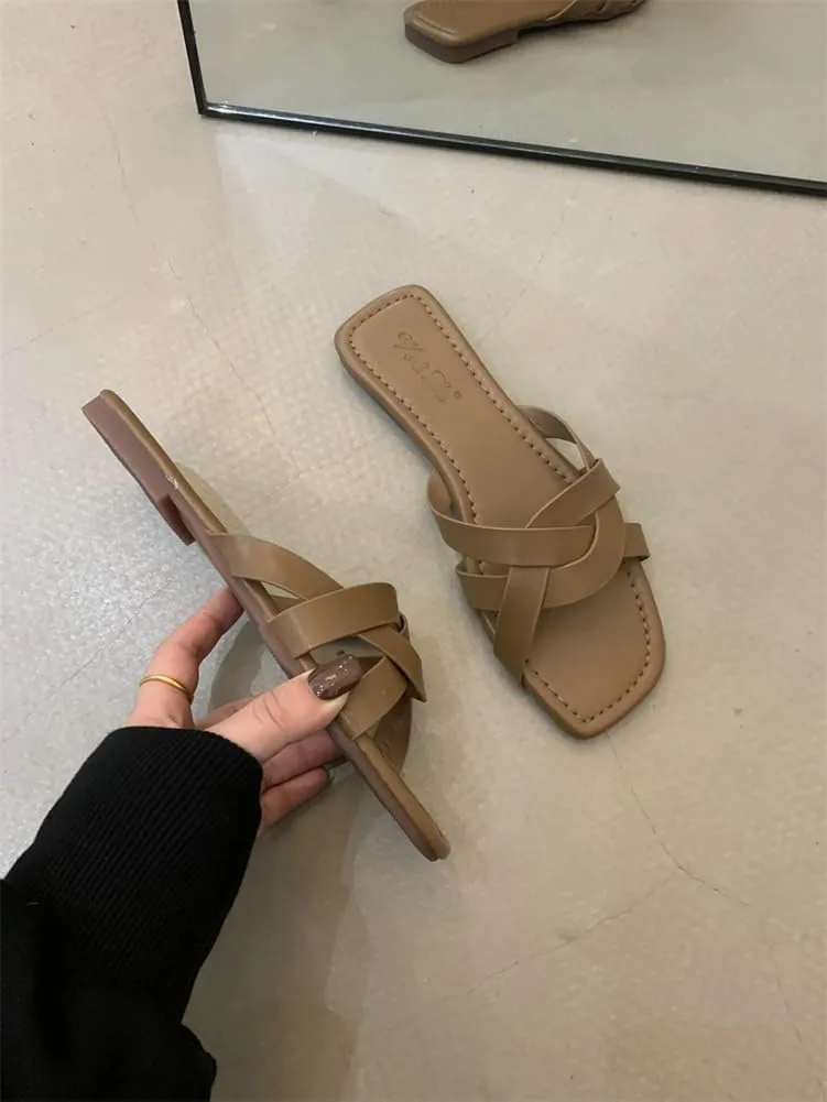 Women's Strap Flat Slide Sandals Summer Beach Home Dress Slides-sandals Roman-style Woven Slippers Flip-flop 2025