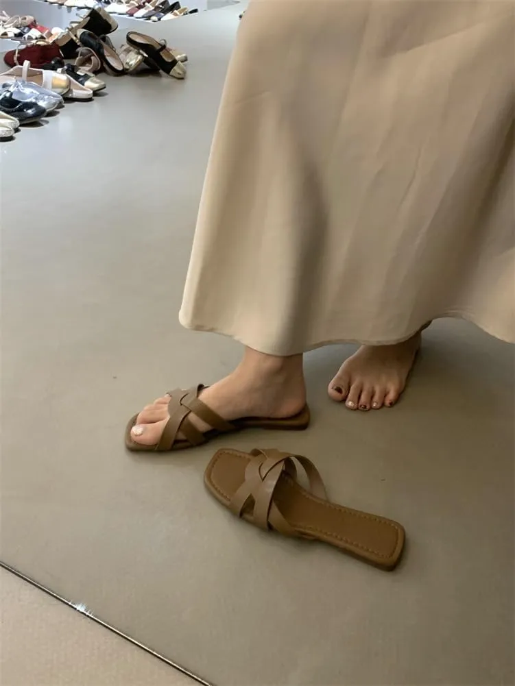Women's Strap Flat Slide Sandals Summer Beach Home Dress Slides-sandals Roman-style Woven Slippers Flip-flop 2025