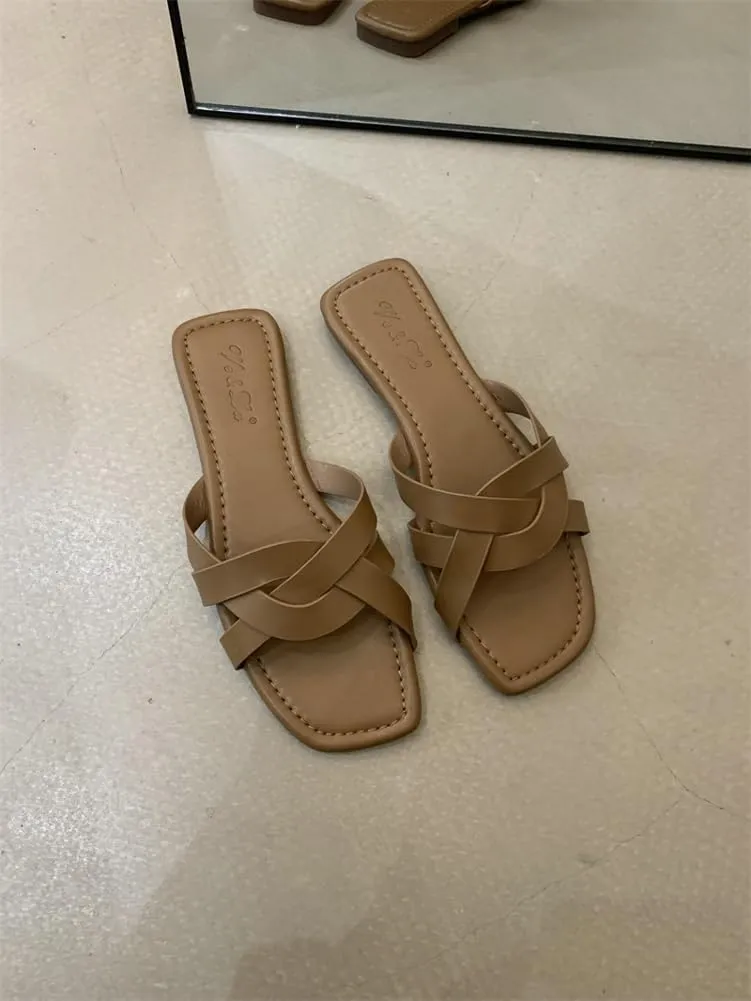 Women's Strap Flat Slide Sandals Summer Beach Home Dress Slides-sandals Roman-style Woven Slippers Flip-flop 2025