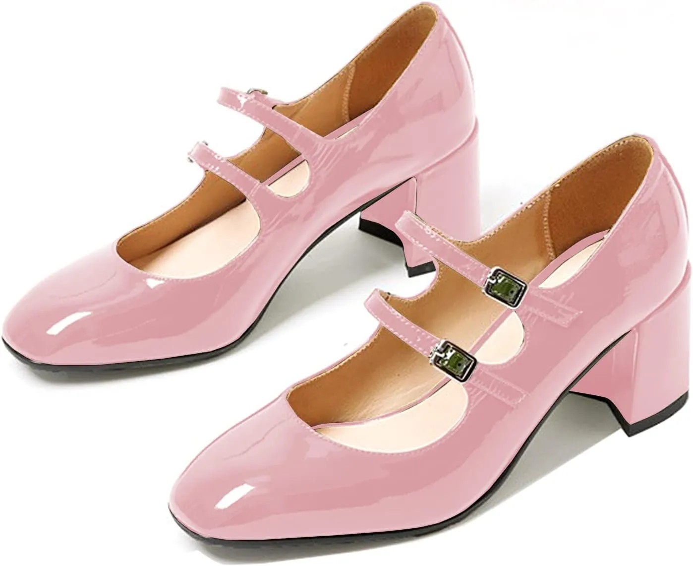 Women's Stylish Closed Round Toe Patent Leather Doubled Monk-Strap Vintage Low Chunky Heel Dress Mary Jane Pumps Shoes