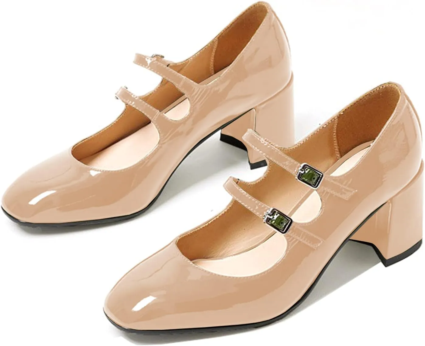 Women's Stylish Closed Round Toe Patent Leather Doubled Monk-Strap Vintage Low Chunky Heel Dress Mary Jane Pumps Shoes