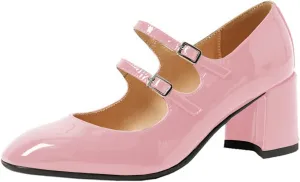 Women's Stylish Closed Round Toe Patent Leather Doubled Monk-Strap Vintage Low Chunky Heel Dress Mary Jane Pumps Shoes