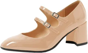 Women's Stylish Closed Round Toe Patent Leather Doubled Monk-Strap Vintage Low Chunky Heel Dress Mary Jane Pumps Shoes